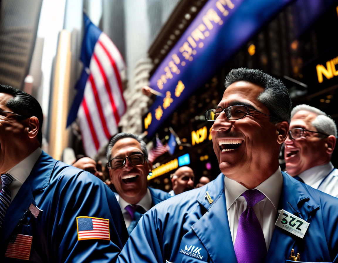 Smiling traders in blue jackets at NYSE under American flag
