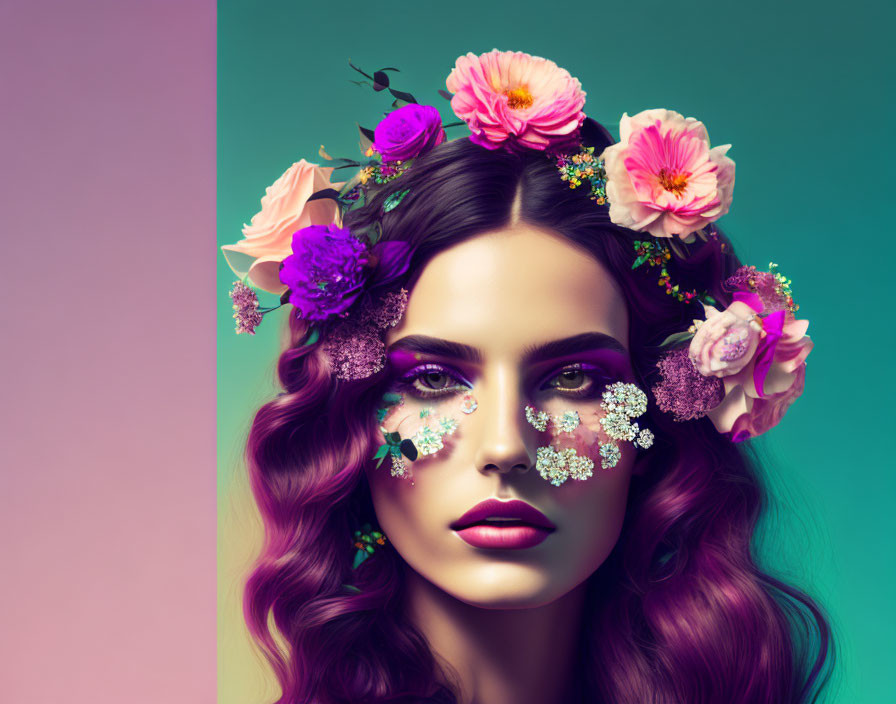 Vibrant purple hair woman with floral makeup on teal background