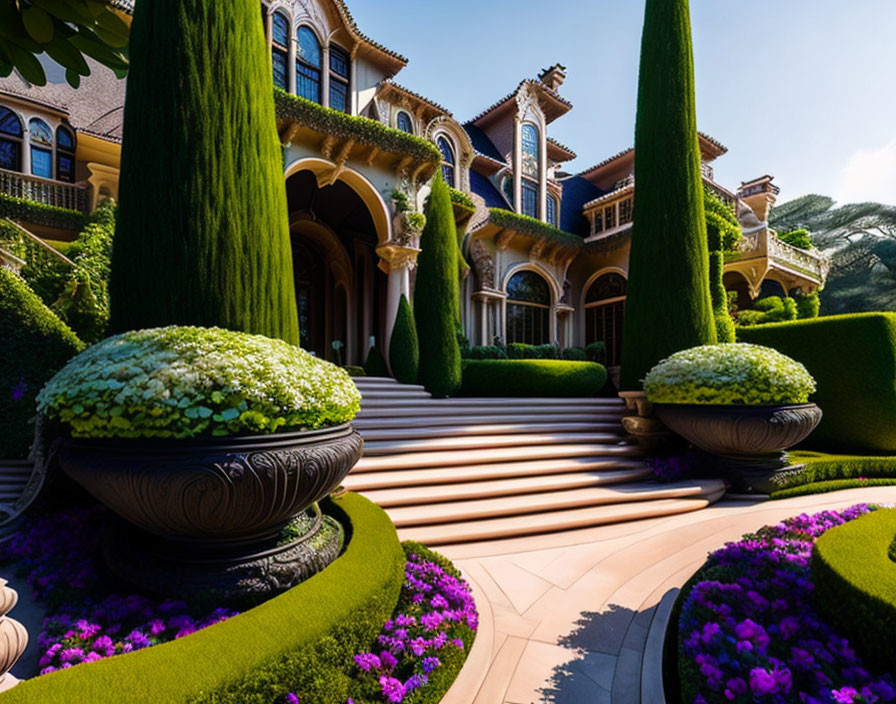 Elegant mansion with arched doorways, grand stairway, and manicured garden.