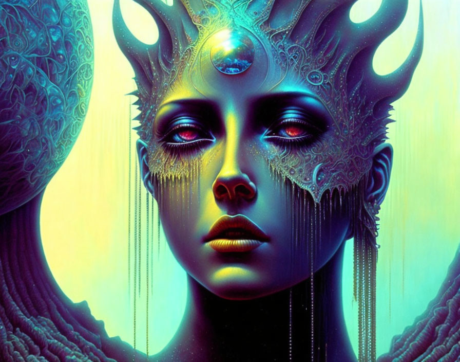 Mystical female figure with ornate headdress and glowing orb in blue and gold hues