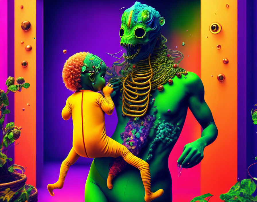 Colorful digital art: Child in yellow suit with alien creature