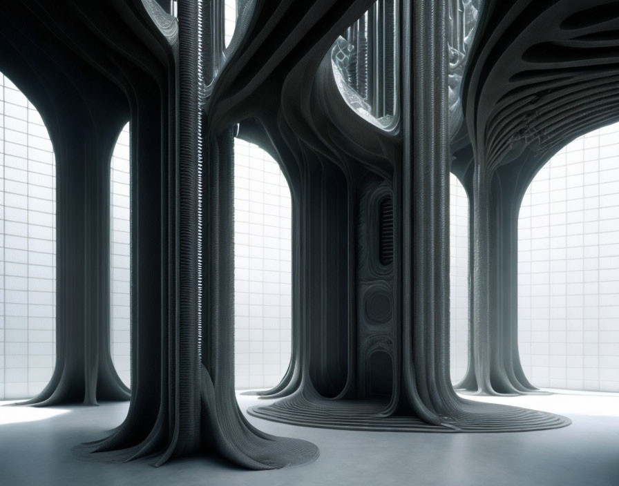 Organically shaped ribbed pillars in futuristic interior.