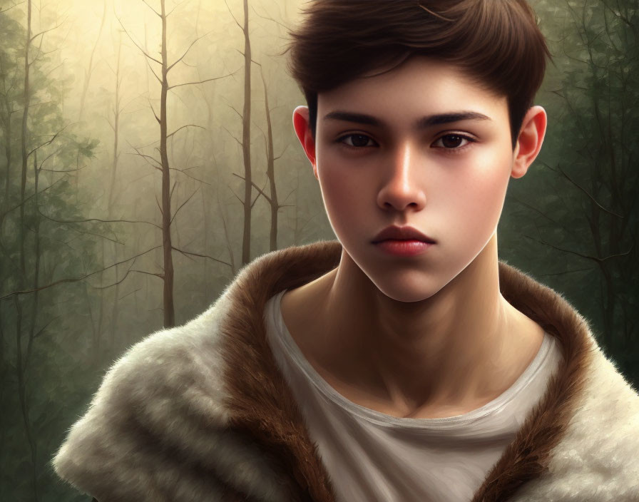 Digital portrait: Young person with short hair in fur-trimmed garment against forest backdrop
