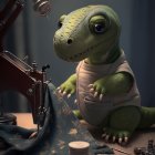 Toy Dinosaur Scientist Examining Microscope in Creative Scene