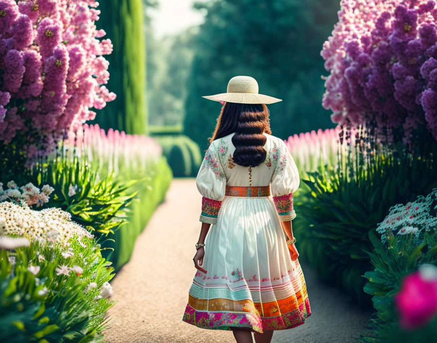 Woman in traditional dress and sun hat surrounded by vibrant flowers on garden path