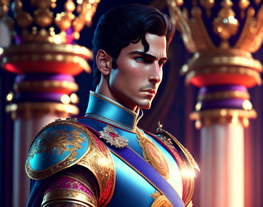 Young prince in blue uniform with gold accents on regal background