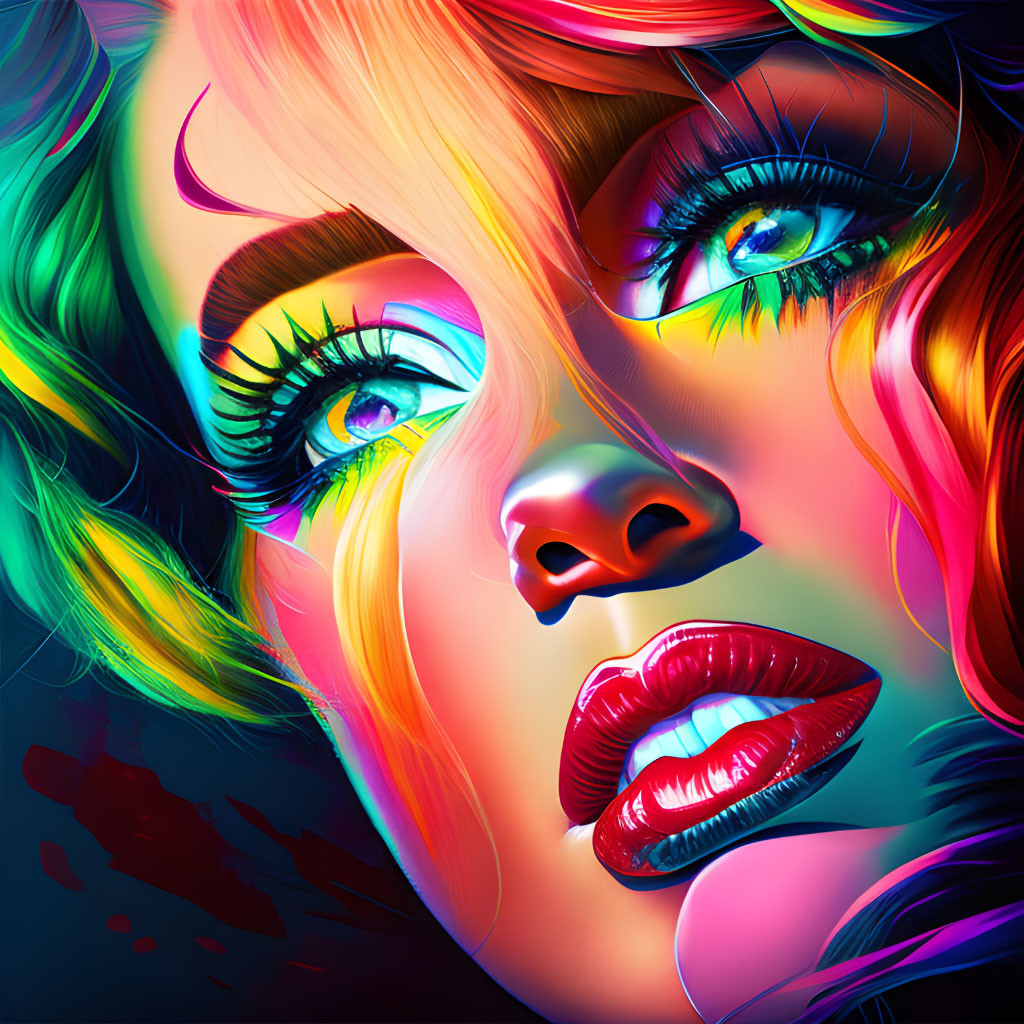 Colorful digital artwork: Woman with multicolored hair, blue eyes, red lips, neon glow
