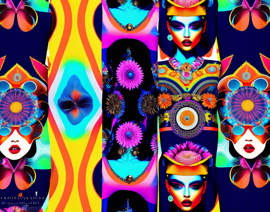 Colorful Psychedelic Collage of Stylized Female Faces and Patterns