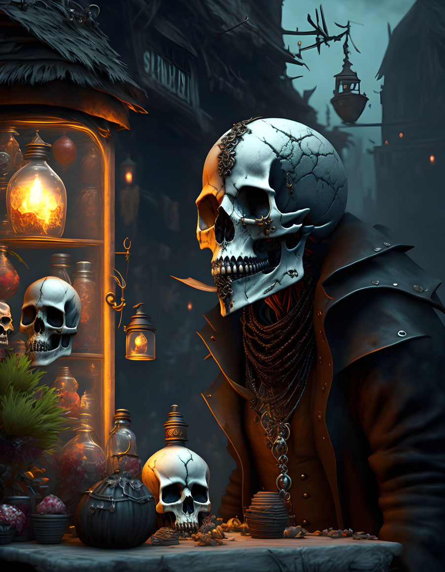 Stylized humanoid skull with crack patterns, jacket, chains, and smaller skulls on dark street backdrop