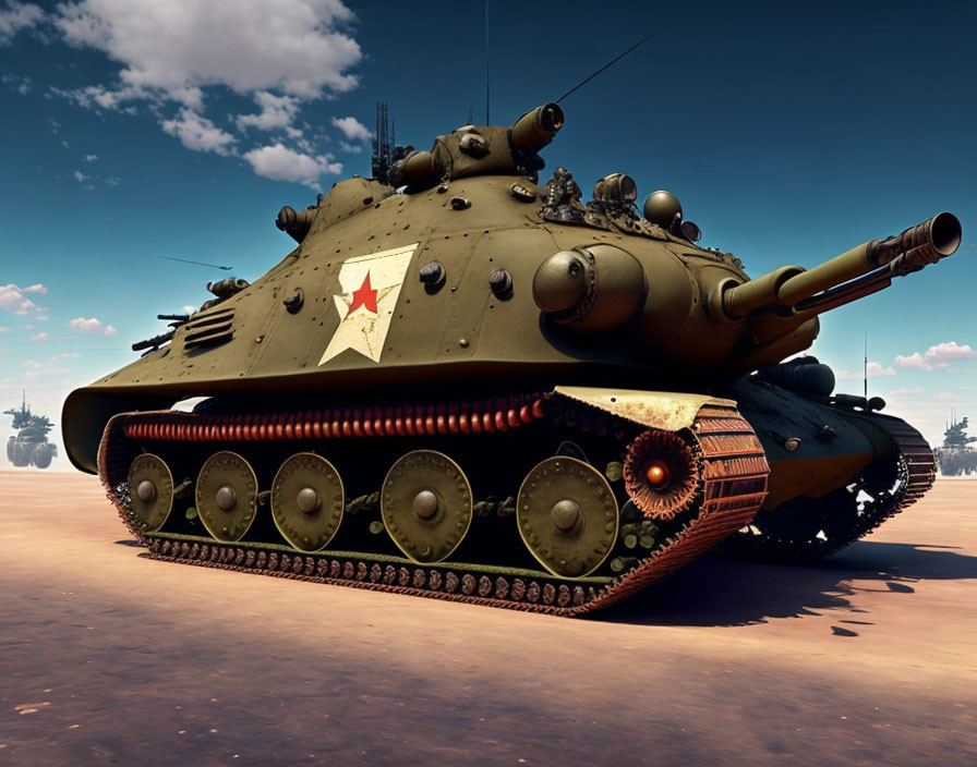 Military tank with star insignia on sandy terrain under clear blue sky