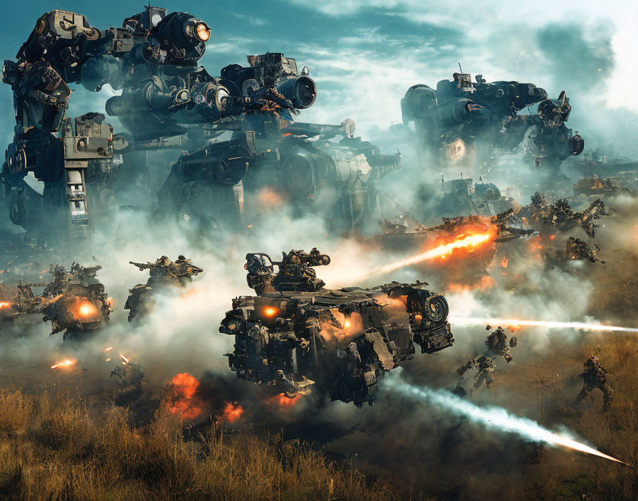 Large robots and soldiers in explosive battle scene