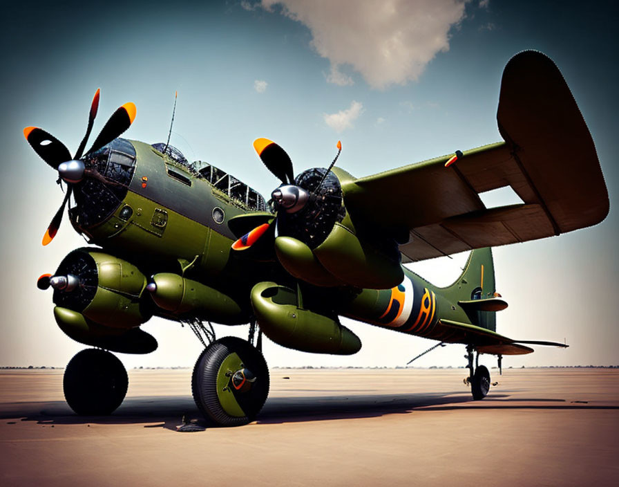 Vintage Military Aircraft with Twin Engines and Green Camo Paint on Tarmac