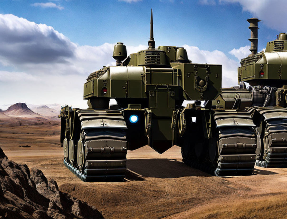 Armored military tanks on caterpillar tracks in rocky desert landscape