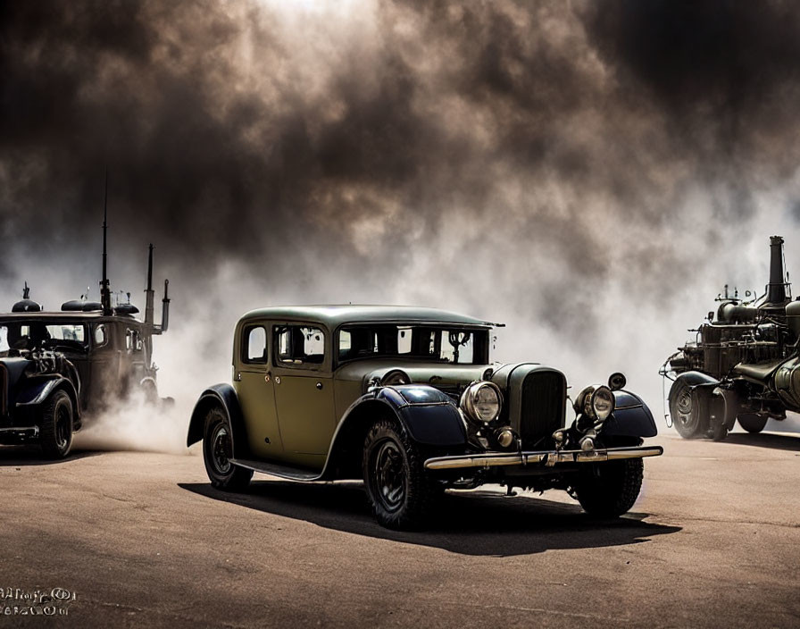 Classic cars on dusty road under smoky sky