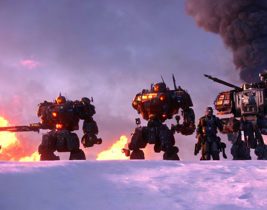 Sci-fi robotic mechs and soldiers in snowy battlefield with explosions and smoke