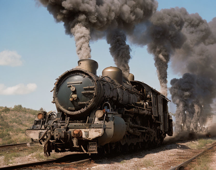 Vintage steam locomotive with billowing black smoke on railway track