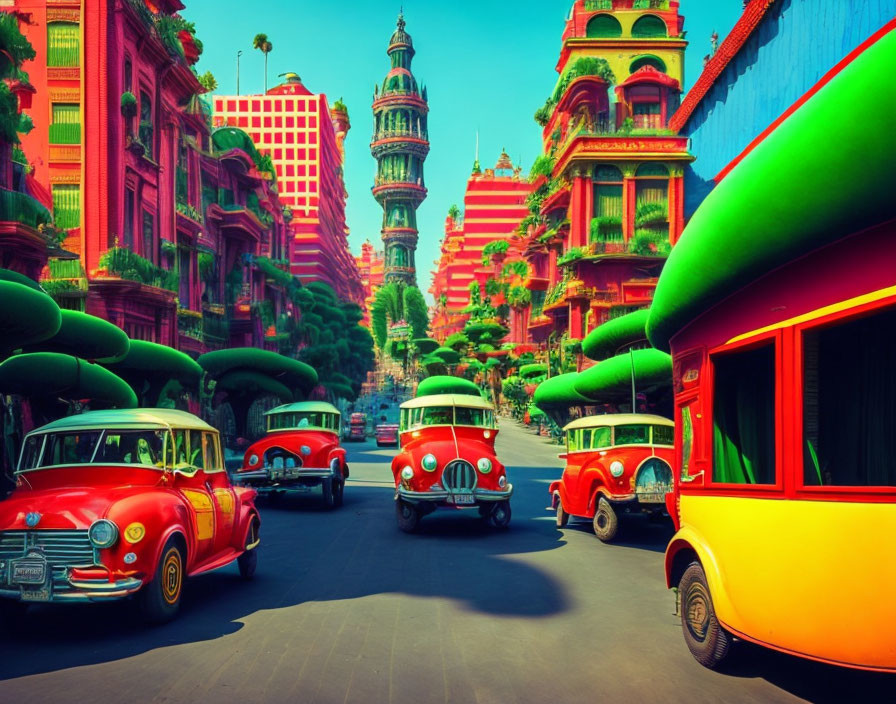Colorful vintage cars and eclectic architecture in vibrant street scene