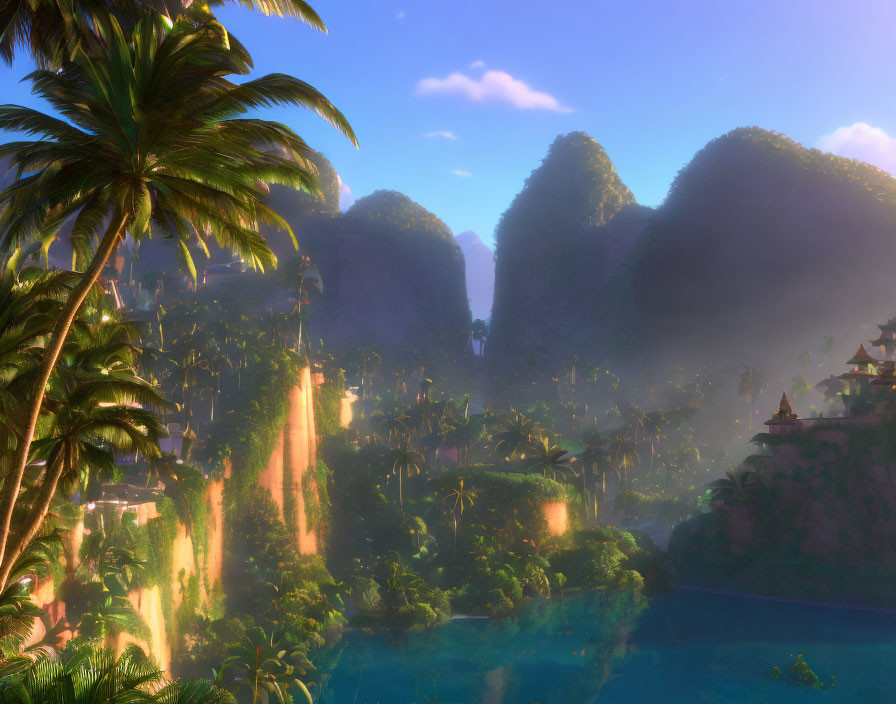 Tranquil tropical landscape with waterfalls, rock formations, and traditional structures