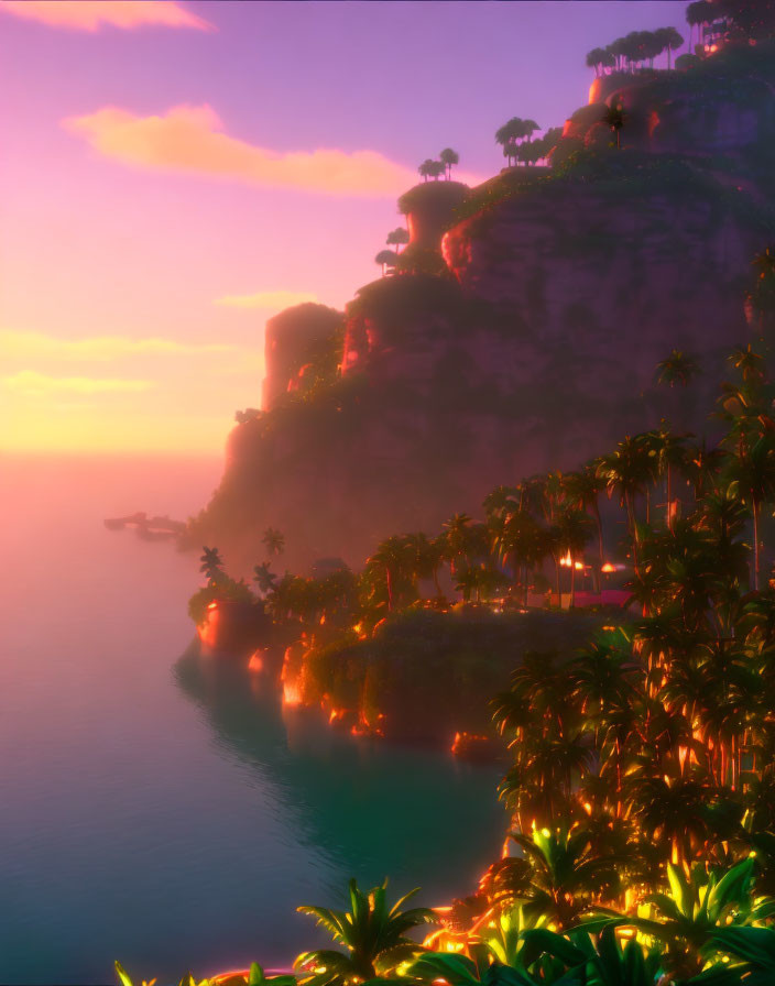 Tranquil tropical seaside cliff at sunset with lush greenery and twinkling lights