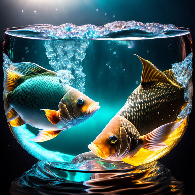Colorful Fish in Glass Bowl with Water Splashing - Dark Backlit Background