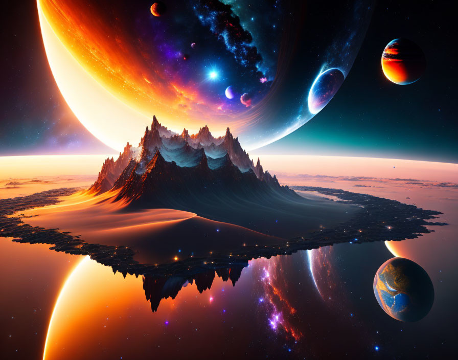 Majestic mountains and multiple planets in a vibrant sci-fi landscape