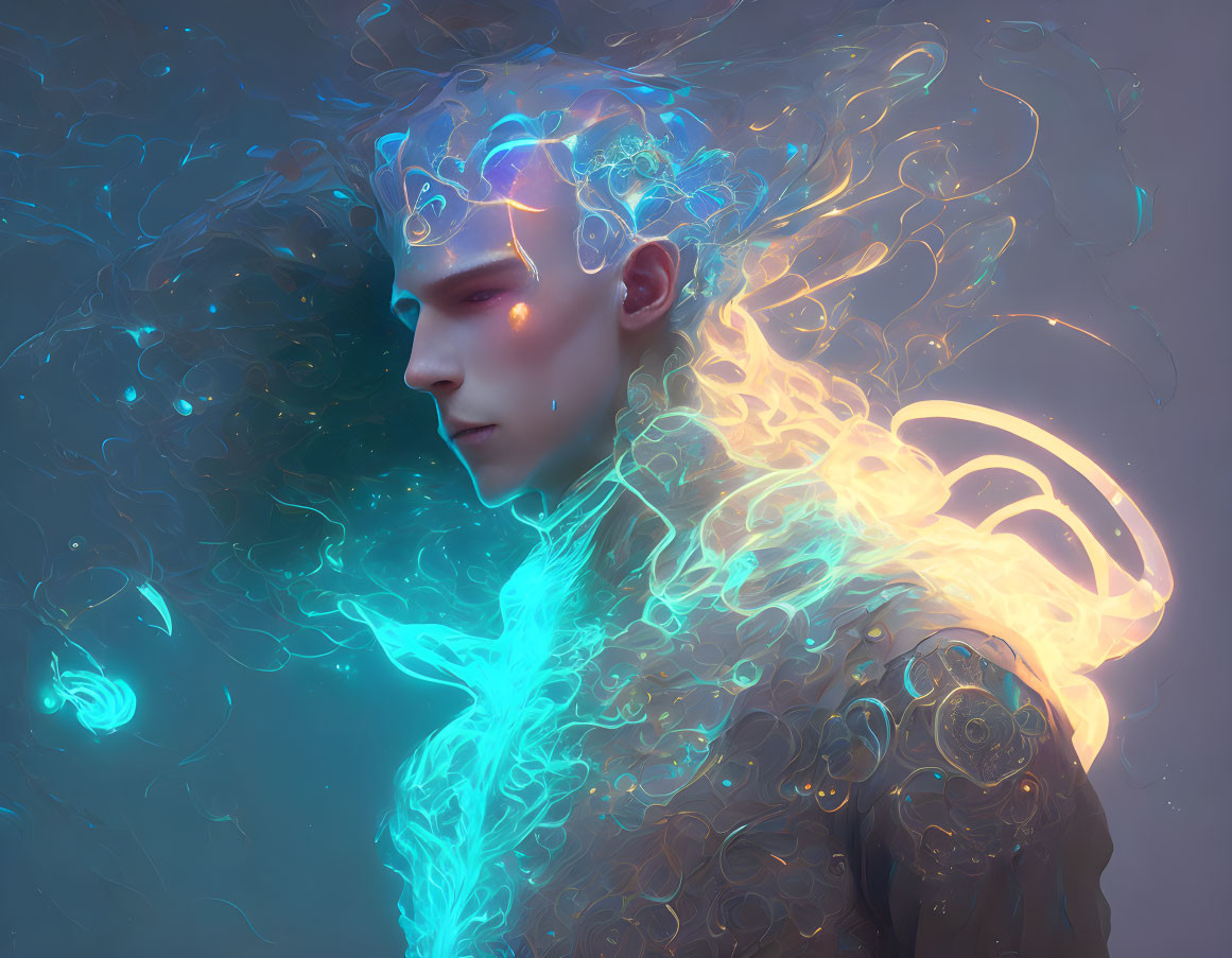 Ethereal futuristic portrait with glowing neon figure