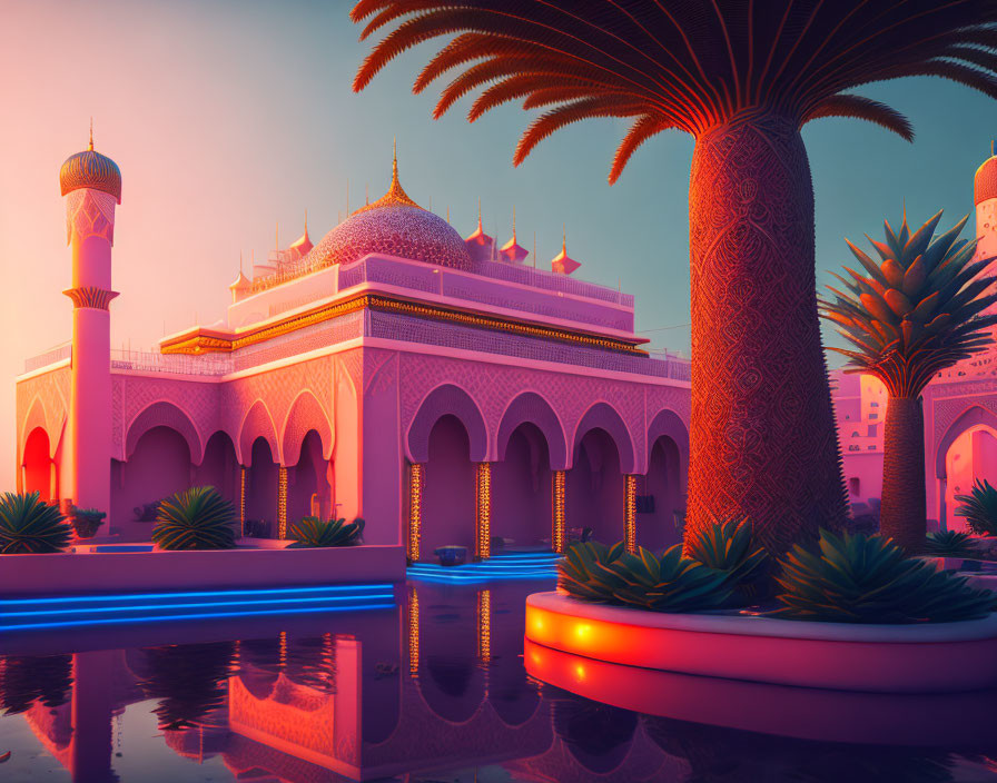 Arabian palace with arches, patterns, water features, and palm trees at sunset