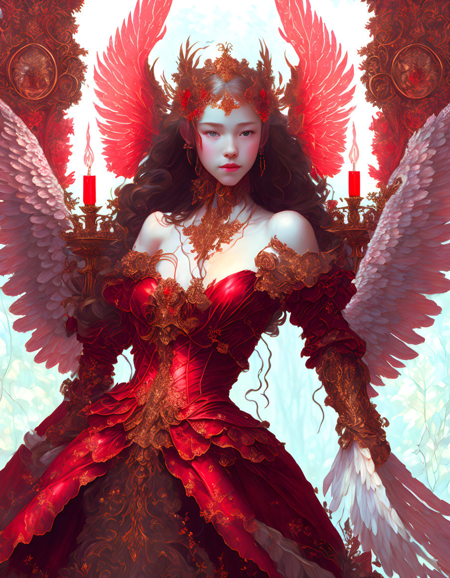 Majestic woman with angelic wings in red gown surrounded by frames and candles