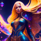 Digital artwork: Woman with golden hair in blue armor, cosmic backdrop with orange and purple nebulas
