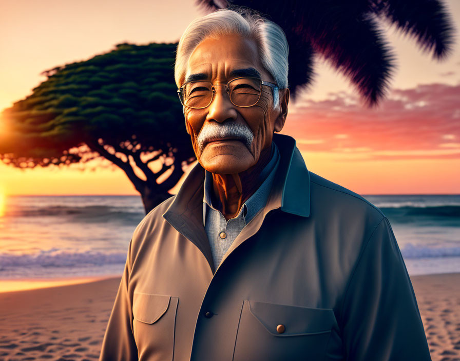 Elderly gentleman with white hair and mustache on beach at sunset