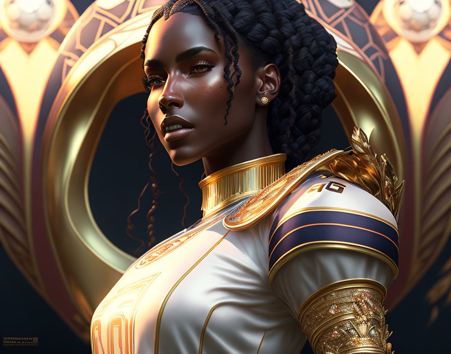 Digital Artwork: African Woman with Braids, Golden Armor, and Tattoos