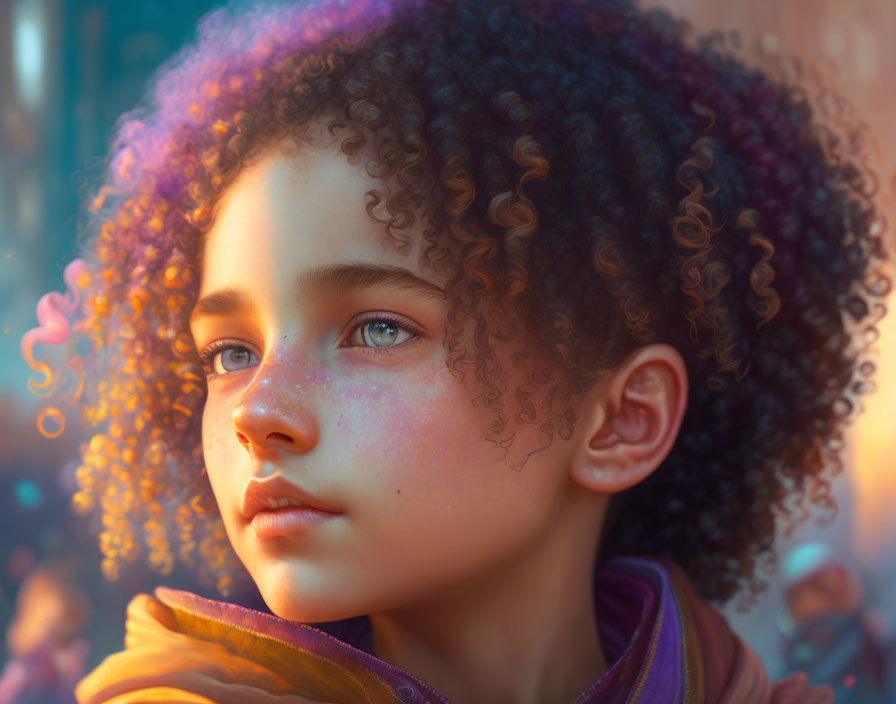 Child with curly hair in warm sunlight, thoughtful expression, blurred background.