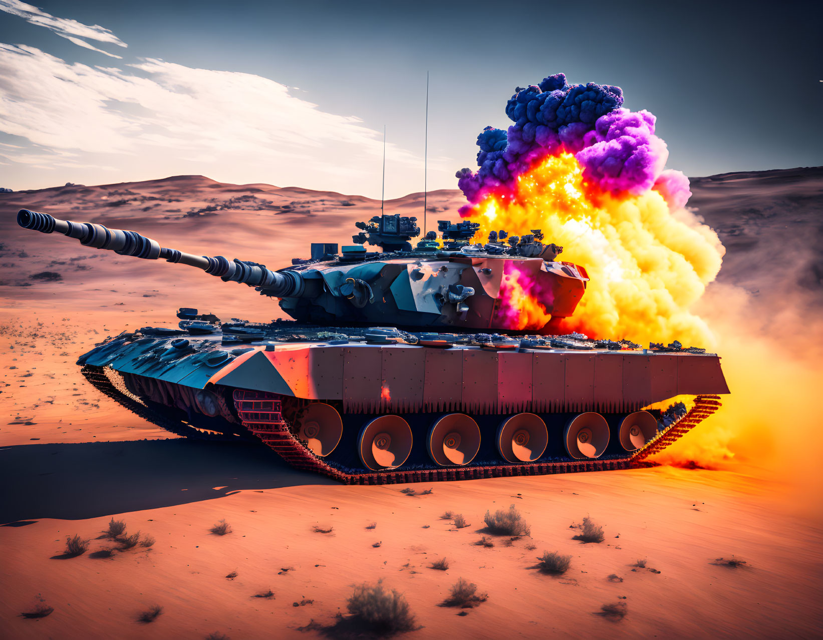 Armored tank with explosive reactive armor in desert landscape with explosive blast and smoke