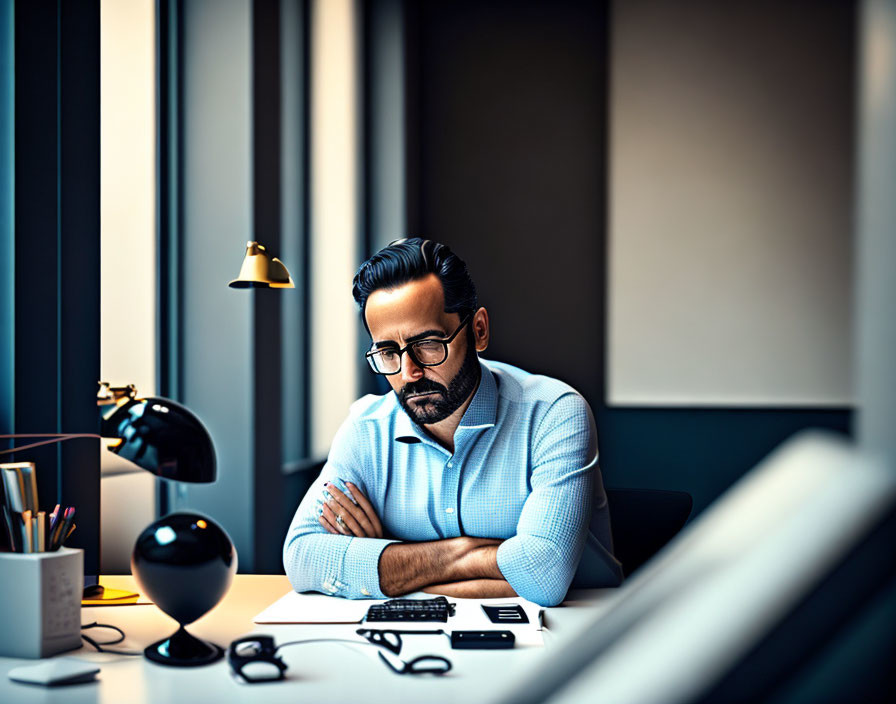 Bearded man in blue shirt with glasses sitting at desk crossed arms