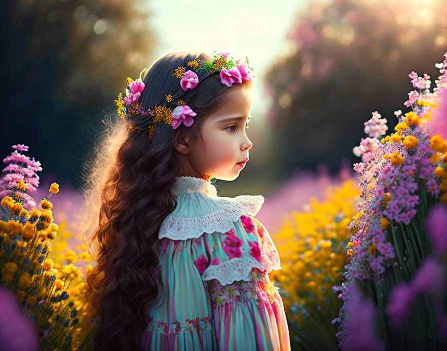 Young girl with floral crown and curly hair in sunlit garden full of vibrant flowers