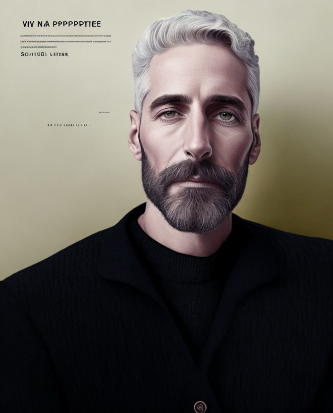 Striking grey hair and beard man portrait in black turtleneck