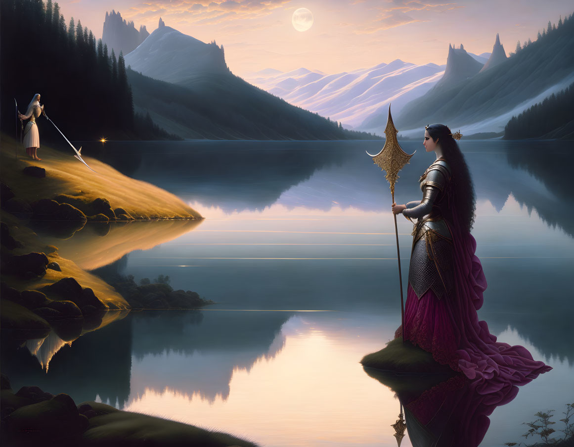 Two women in medieval fantasy attire by a calm lake with mountains and a full moon.