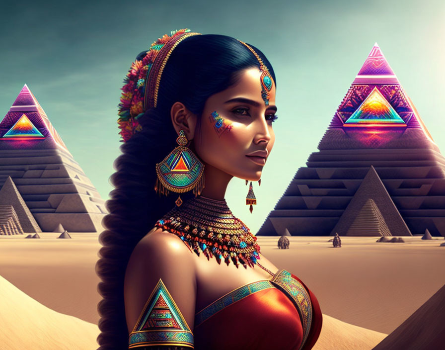 Vibrant digital artwork of woman with Egyptian adornments against pyramid backdrop