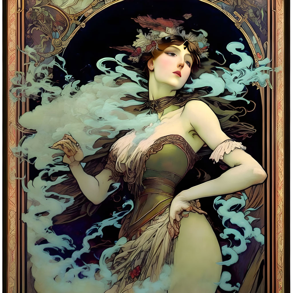 Art Nouveau Style Image of Woman in Flowing Garments with Smoke and Floral Border