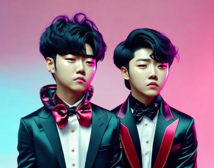 Stylish individuals in formal attire on pink and blue gradient backdrop