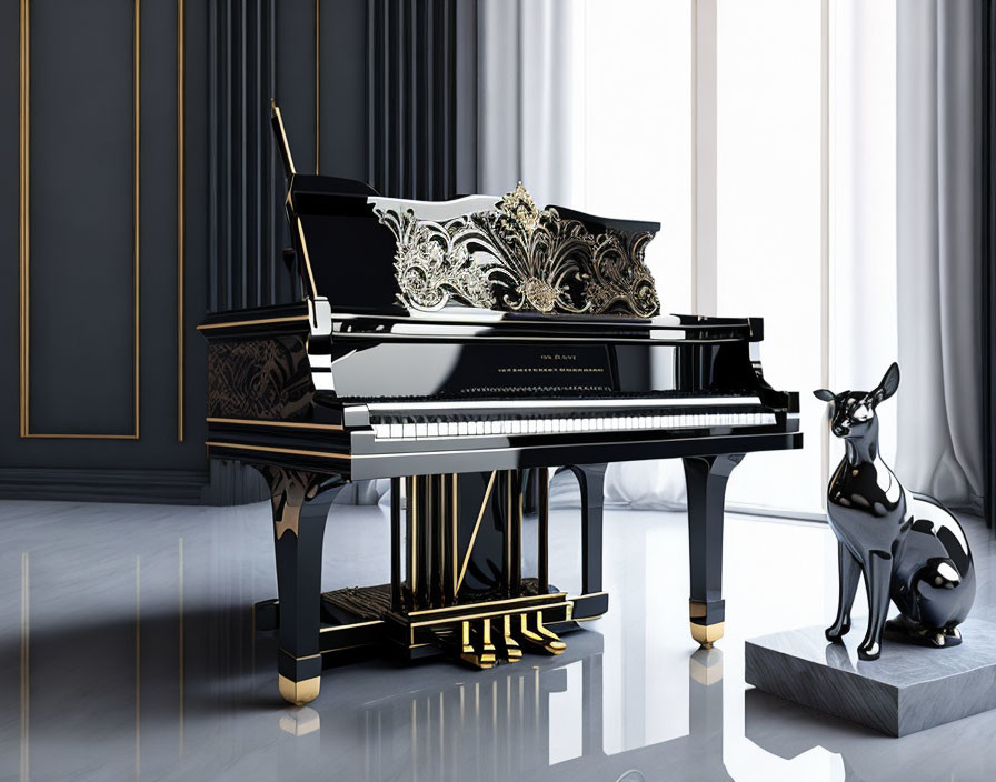 Luxurious Grand Piano with Gold Accents in Elegant Room