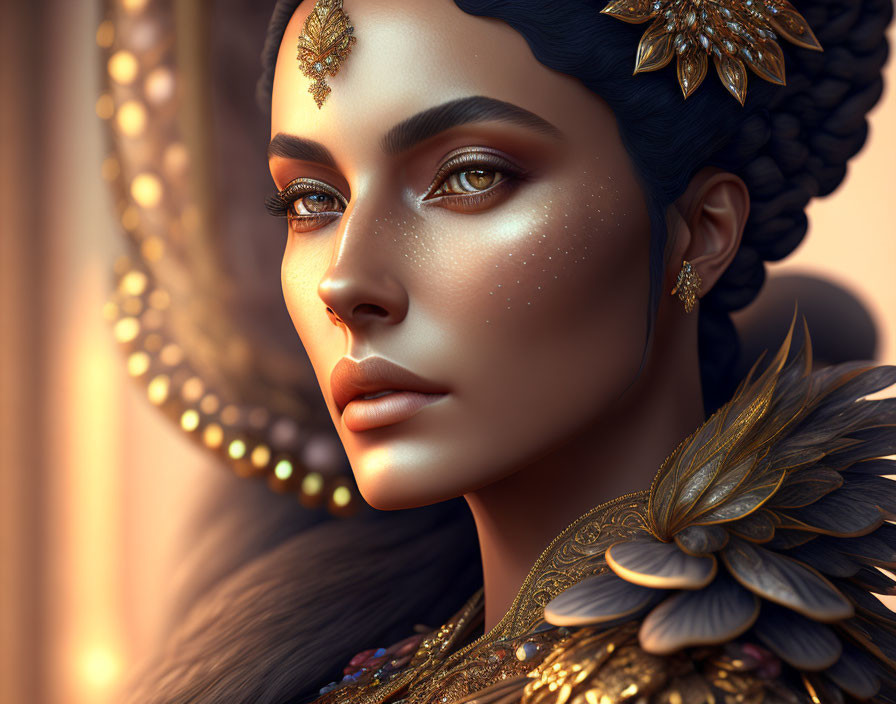 Elaborate Golden Headgear and Shimmering Makeup on Woman
