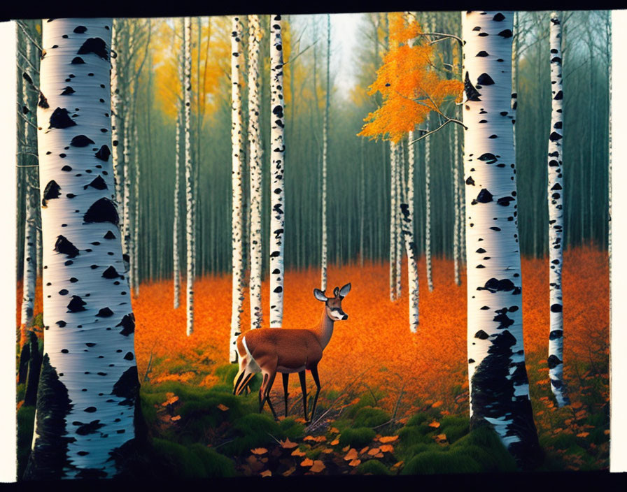Deer in Birch Forest with Autumn Leaves and Misty Golden Ambiance