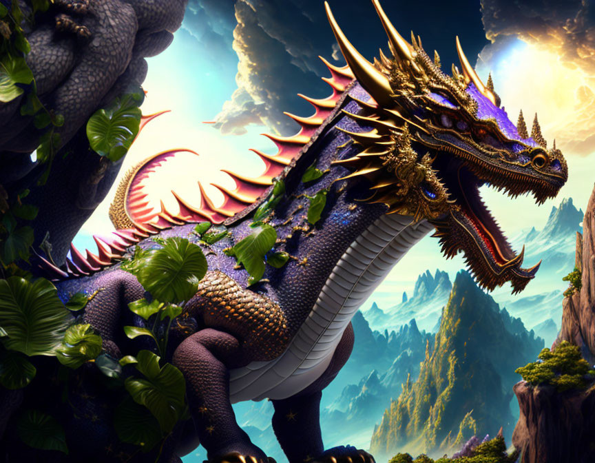 Blue and Gold Dragon Perched on Cliff with Mountains and Greenery