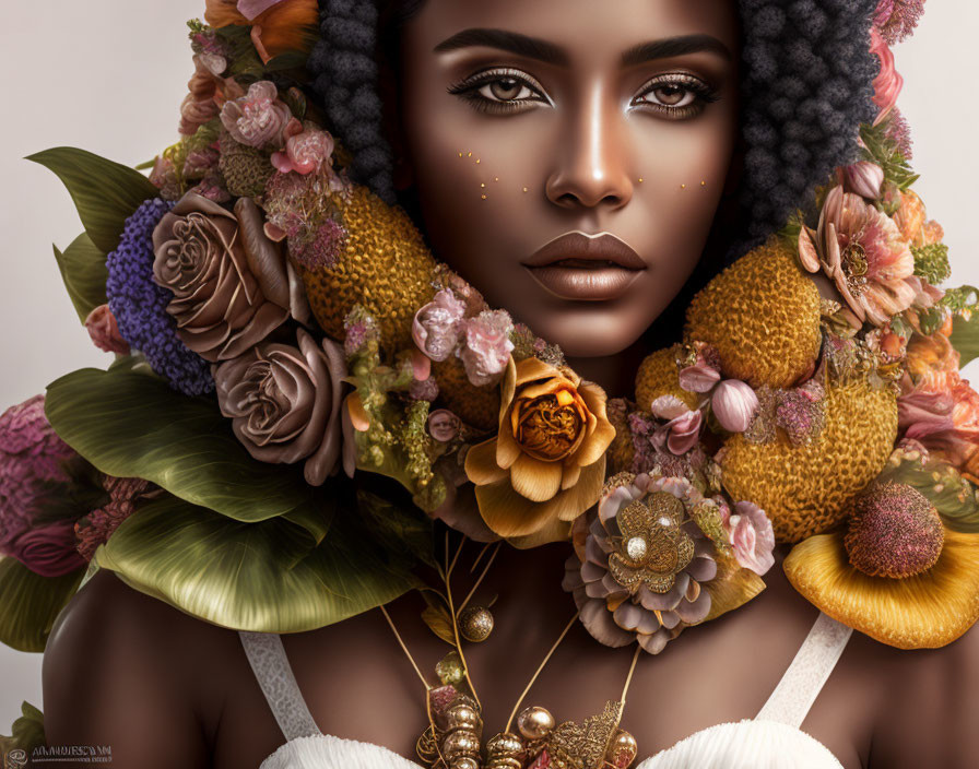 Portrait of woman with striking makeup and floral arrangement, serene expression