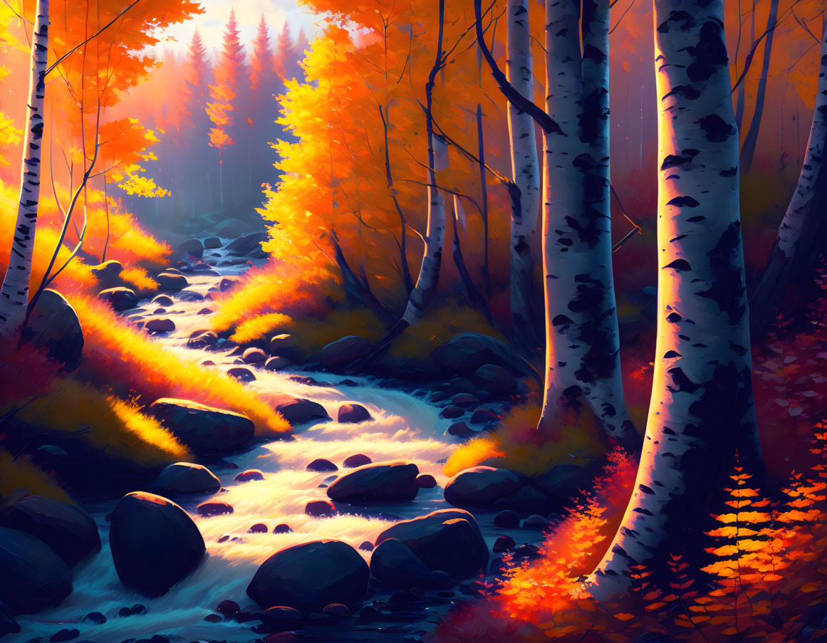 Vibrant autumn forest with stream, birch trees, and sunrays