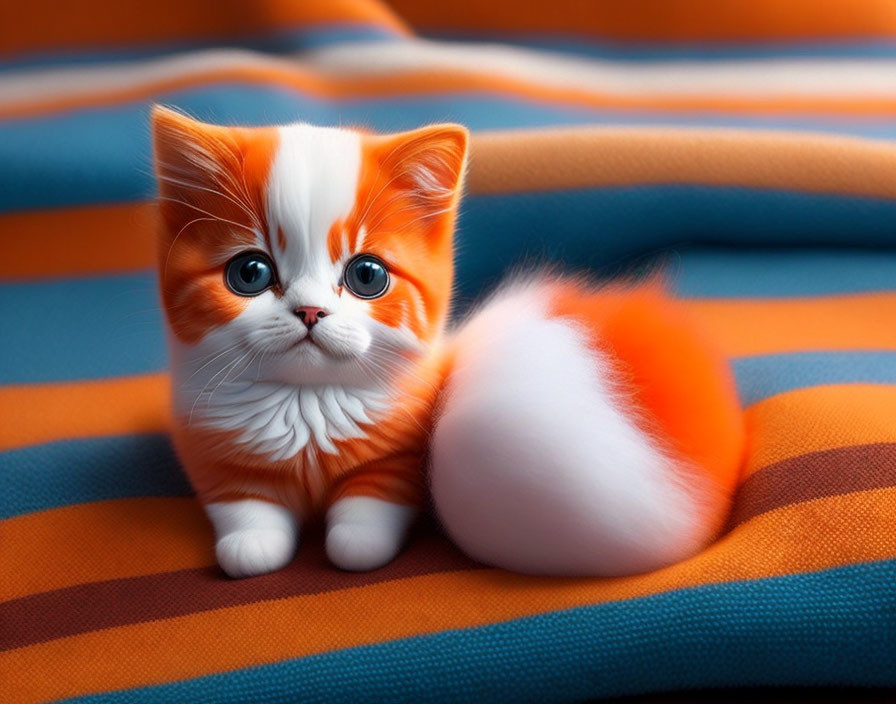 Fluffy orange and white kitten on orange and blue blanket