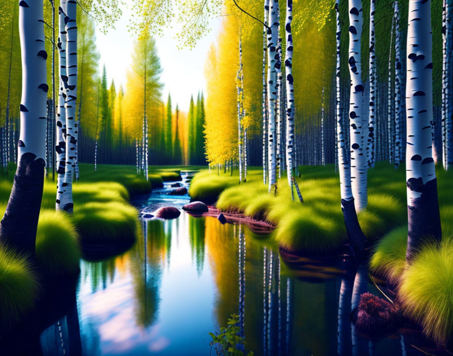 Tranquil forest scene with birch trees, blue stream, green grass, and yellow foliage