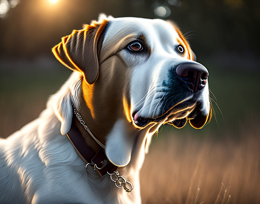 Labrador Retriever with Collar in Field During Golden Hour