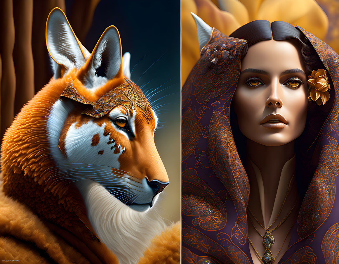 Stylized caracal and woman with similar colors symbolize human-animal connection